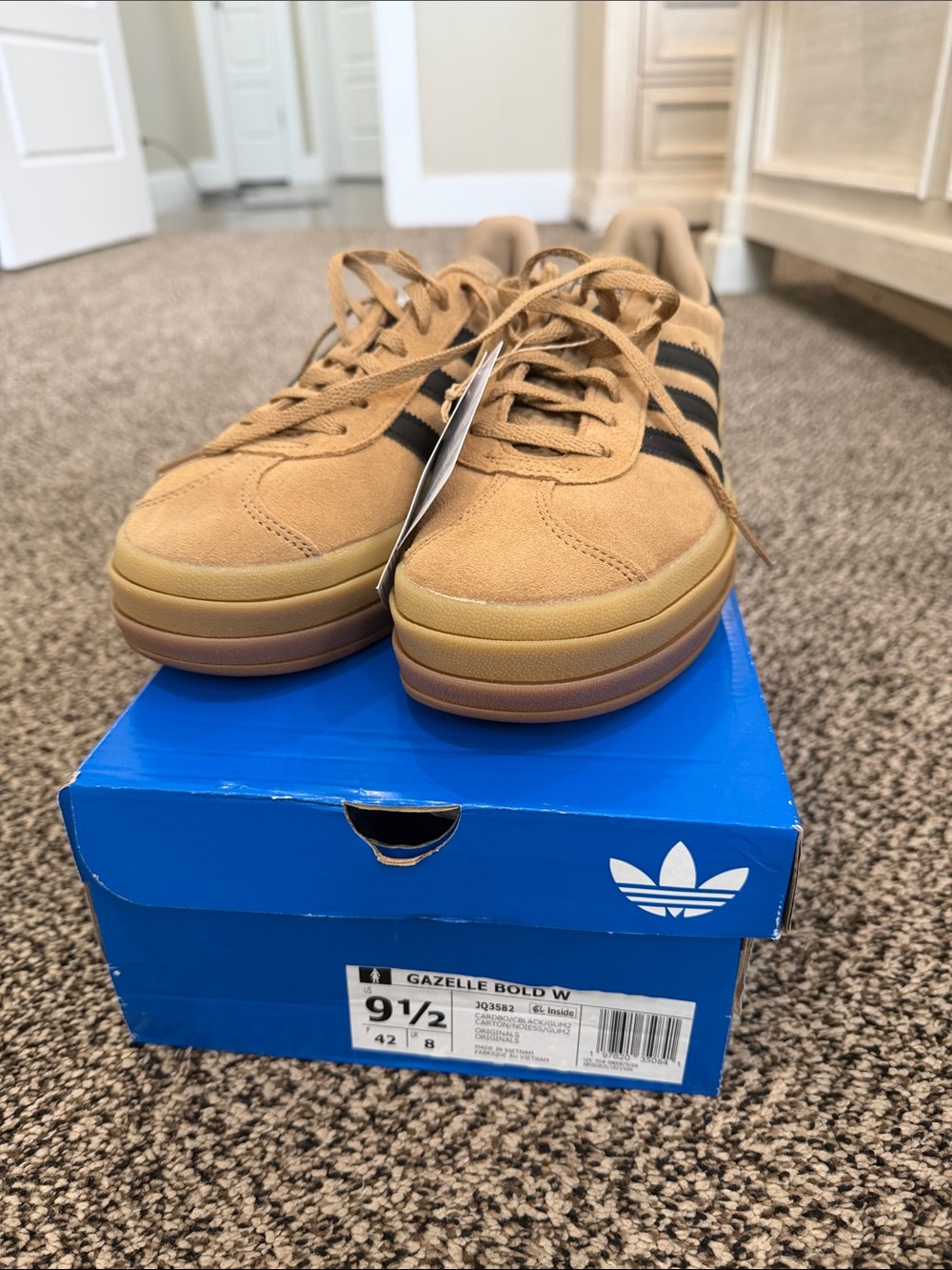 adidas Gazelle Bold platform Sneakers - Tan with Black Stripes